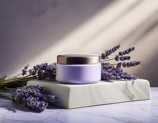 Product mock-up- Lavender cream jar on marble podium with flower shadows