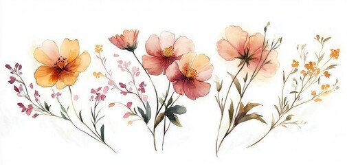 Obraz premium Delicate watercolor painting of soft orange and pink flowers with slender green stems and small floral accents on a white background