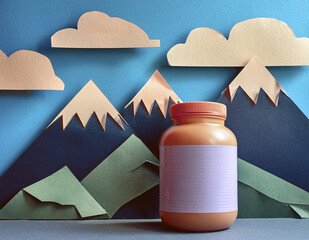 Protein powder pouch on layered paper mountain cutout background — fitness & strength