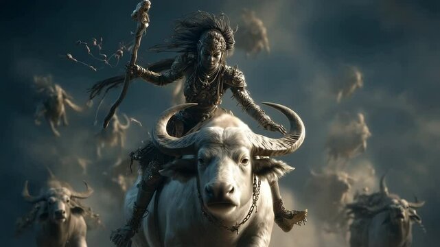 Photorealistic depiction of Yama, the god of death, riding a majestic bull amidst a dramatic, ethereal atmosphere. The scene evokes a sense of power and mystique, reminiscent of ancient myths.