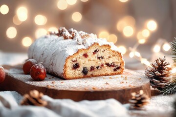 Festive holiday fruit cake dusted with powdered sugar on wooden board surrounded by pine cones and warm bokeh lights