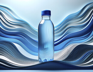 Transparent water bottle on layered blue paper waves