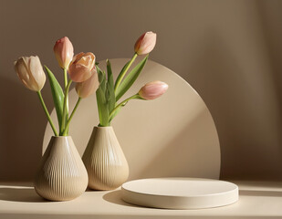 Two ceramic vases with long-stemmed tulips, beige podium, shadows