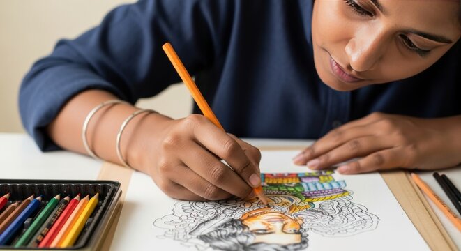 Focused Young Woman Coloring Intricate Mandala Design with Colored Pencils