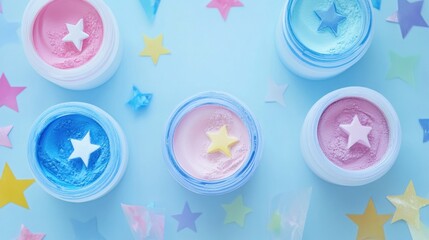 Pastel-Colored Cosmetic Jars with Star Decorations on Light Blue Background