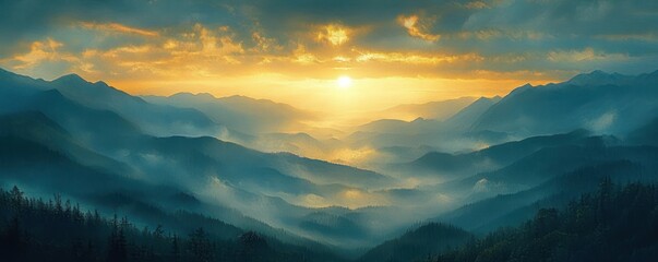Golden sunrise over misty layered mountain ranges with dense forest silhouettes under dramatic cloudy sky