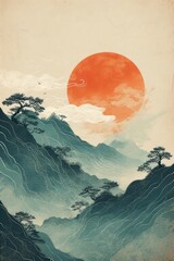 Vintage japanese landscape with the sun setting behind the mountains, trees and clouds in traditional style to give a sense of zen atmosphere with old paper texture