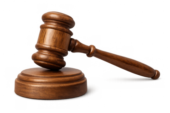 Classic wooden gavel resting on a sound block, isolated on transparent background, representing law, justice, and legal decisions