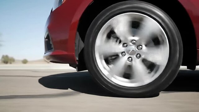 Spinning car tire, red auto body, asphalt