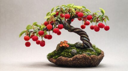 Handcrafted miniature bonsai tree with red berries
