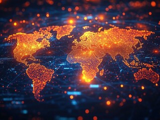 Glowing digital world map highlighting continents with interconnected data points and vibrant orange lights on a dark blue technological background