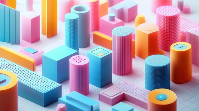 Colorful 3D geometric cityscape with various cylindrical and rectangular shapes in pastel pink, blue, and orange hues creating a playful and futuristic atmosphere