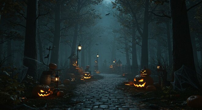 A spooky halloween night scene with pumpkins and trees lining a dark stone pathway and dim streetlights