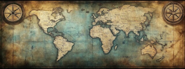Antique style world map with compass roses on both corners and vintage color tone