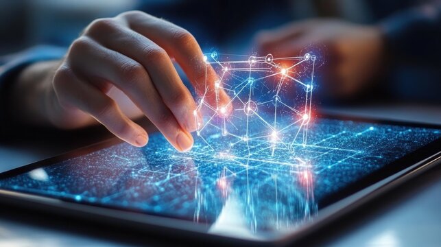 Close-up of a hand interacting with a glowing 3D holographic network structure projecting from a digital tablet, symbolizing futuristic technology and innovation