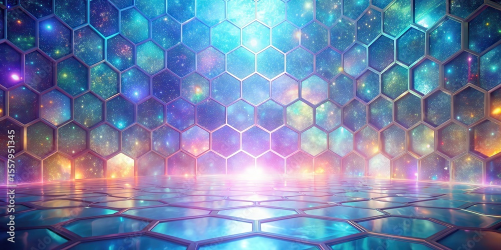 Wall mural cosmic hexagon array a futuristic, dreamlike space scene with glowing celestial panels and reflectiv