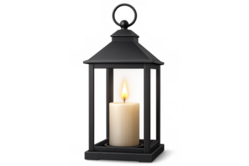 Black metal lantern with burning candle, emitting soft warm light against transparent backdrop, vintage lighting design