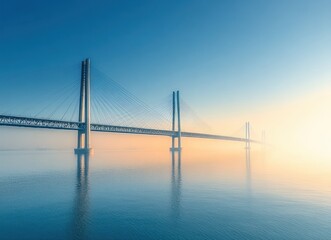Obraz premium Long cable-stayed bridge extending over calm water under clear blue sky with morning sunlight and mist creating a serene and peaceful atmosphere