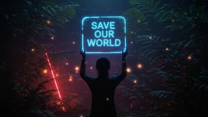 Save Our World: Woman holding neon sign in lush forest with glowing particles, environmental awareness video