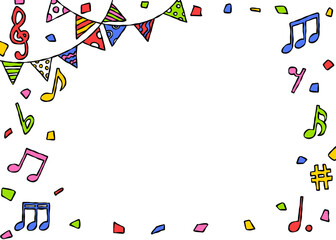 手書きのデコレーションフレーム、背景、紙吹雪、ガーランド、音符