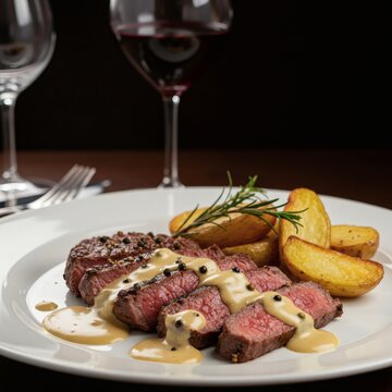 French Steak au Poivre with Cognac Pepper Sauce and Potatoes