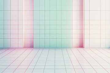 Empty room with tiled walls and floor featuring pastel gradient lighting and soft shadows creating a calm atmosphere