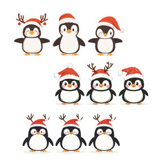 Christmas set with penguins characters. Penguins cartoon vector illustration.