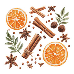 A cozy Christmas set with cinnamon, an orange decoration, and a candle with pine cones, featuring festive watercolor illustrations. Vector illustration.