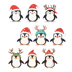 Christmas set with penguins characters. Penguins cartoon vector illustration.