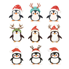 Christmas set with penguins characters. Penguins cartoon vector illustration.
