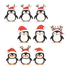 Christmas set with penguins characters. Penguins cartoon vector illustration.