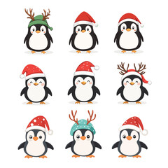 Christmas set with penguins characters. Penguins cartoon vector illustration.