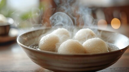 Floating hot glutinous rice balls in a porcelain bowl