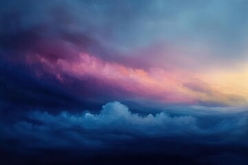 Obraz premium Vibrant sky with dramatic clouds painted in deep blues, purples, and soft pinks during a serene sunset or sunrise