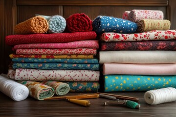 Stack of colorful patterned and solid fabrics neatly folded and rolled on a wooden surface with sewing tools in front, evoking a cozy and creative atmosphere