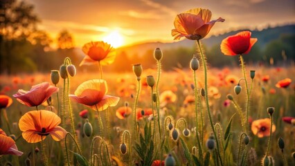 Obraz premium Golden Hour Poppy Field A Serene Sunset Landscape Featuring Vibrant Blossoms