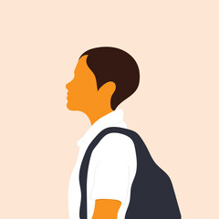 Profile portrait of a school boy wearing short sleeve uniform shirt and backpack. Flat faceless illustration of 1'st day at school concept.