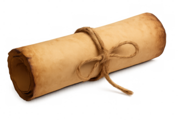Vintage parchment scroll, tightly bound with delicate string, symbolizing historical wisdom against translucent backdrop