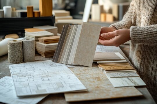Person selecting from a variety of sample tiles and materials on a workspace with architectural blueprints and design swatches - Powered by Adobe