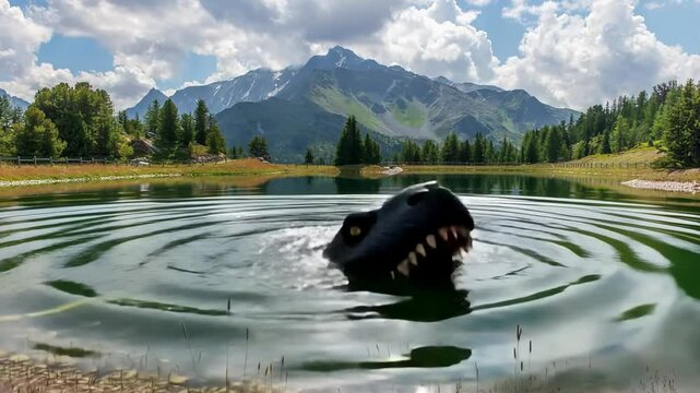 Mysterious monster emerging from a lake
