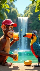 Fototapeta premium Cheerful Cartoon Monkey and Toucan Enjoying Juice by Tropical Waterfall, Vibrant Jungle Nature Scene