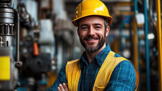 Confident male factory worker wearing yellow hard hat and safety vest smiling with crossed arms in industrial setting