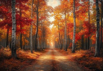 Naklejka premium serene forest path lined with tall birch trees showcasing vibrant autumn foliage in shades of orange and red under soft sunlight