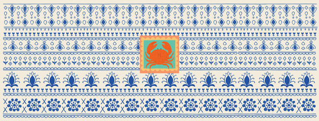 Naklejka na ściany i meble Amalfi Coastal. Seamless vector pattern with Mediterranean and Italian elements. Blue floral motifs and a cute crab. Great for textile, background or surface designs. Coastal theme.