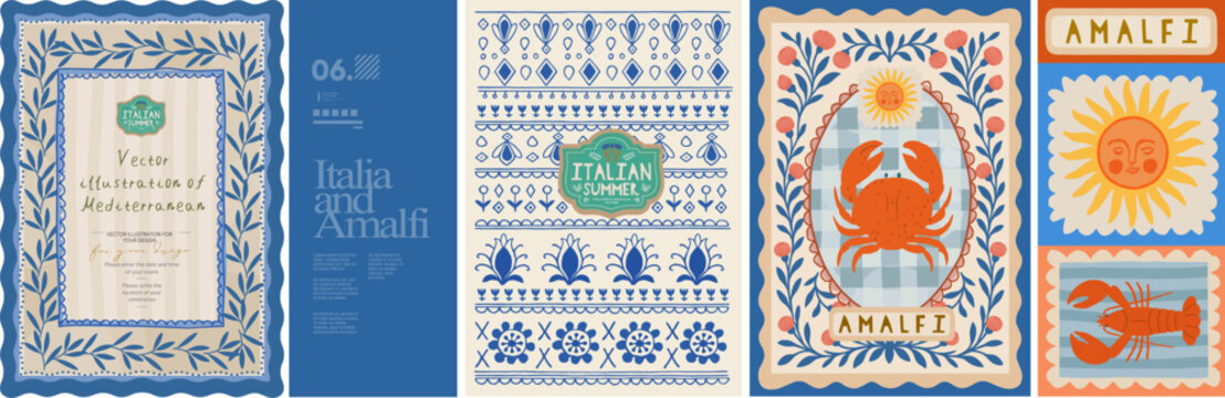 Amalfi Summer Print. Cute italian and greek mediterranean illustrations of crab, lobster, sun, postage stamp and seamless pattern for poster, invitation or background