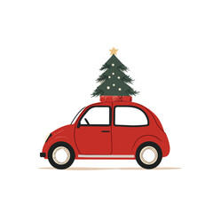 Vintage red car carrying a christmas tree