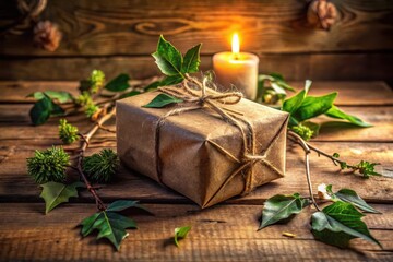 A Rustic Gift Wrapped in Brown Paper, Adorned with Greenery and a Glowing Candle on a Weathered Wooden Surface