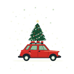 Vintage red car carrying a christmas tree