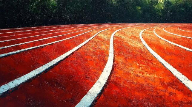 Curved red running track with white lane markings surrounded by green trees under sunlight