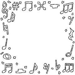 手書きのデコレーションフレーム、背景、線画、紙吹雪、音符、正方形サイズ